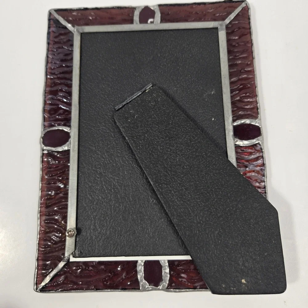 Vintage Iridescent Stained Glass Picture Frame with Burgundy Cabochons 5x7